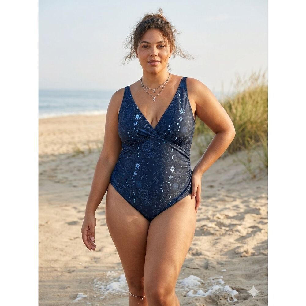 Cider Celestial Celestial Moon Star Print One Piece Swimsuit Ruched Blue Plus 3X